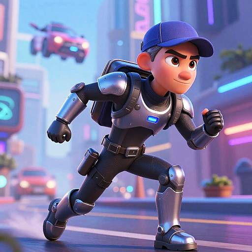 CGI image of an animated, young male agent in a blue cap, black tactical suit, and silver armor, running through a neon-lit,