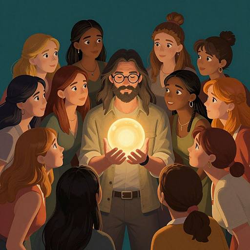 Illustration of diverse group of people, including men and women of various ethnicities, gathering around a bearded man with glasses holding a glowing orb,