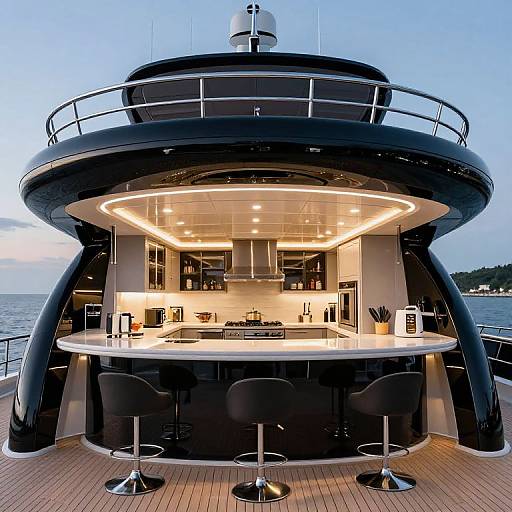 Photograph of a sleek, modern outdoor boat bar with illuminated interior, black stools, and stainless steel accents, overlooking a calm sea at dusk.
