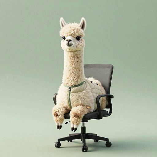 Photograph of a fluffy white alpaca with green harness, sitting on a black mesh office chair against a light green background.