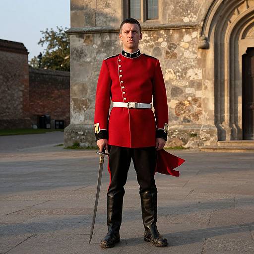 Photorealistic CGI of a stern male soldier in a red British Army uniform with black pants, white belt, holding a sword, standing in front of