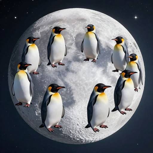Photograph-like digital art: Nine penguins with black and yellow heads, white bellies, and black flippers stand on a bright full moon against