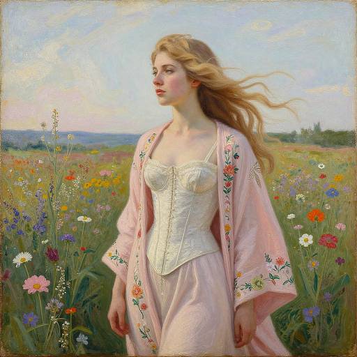 Digital painting of a blonde woman with flowing hair, wearing a white corset and pink floral robe, standing in a vibrant meadow with colorful wildflowers
