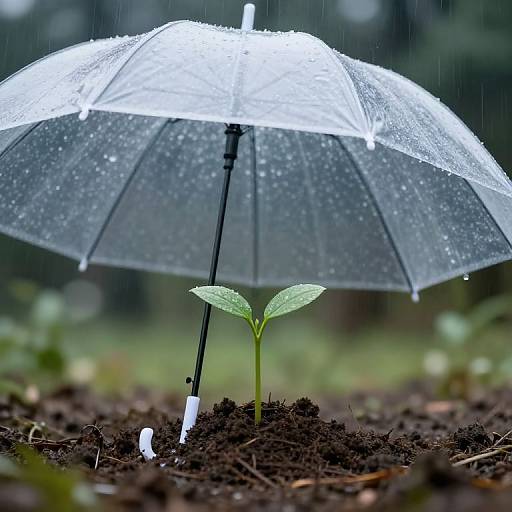 Photograph of a small green plant with two leaves under a translucent, rain-speckled umbrella, standing in dark, wet soil.