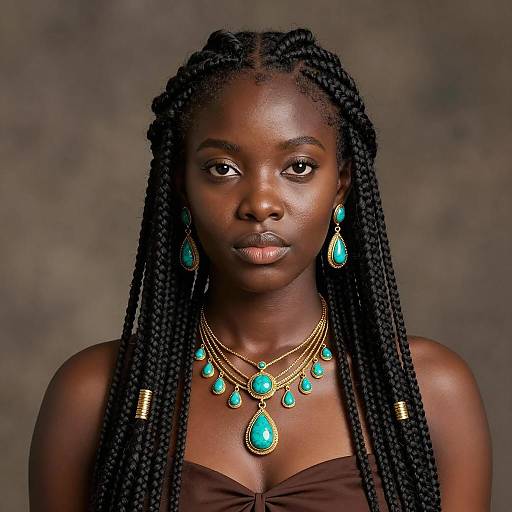 Portrait of Young Black Woman with Senegalese Twists and Turquoise Jewelry