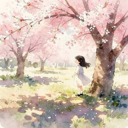 Watercolor-style anime drawing of a girl with long black hair in a white dress, standing under pink cherry blossoms, sunlight filtering through.