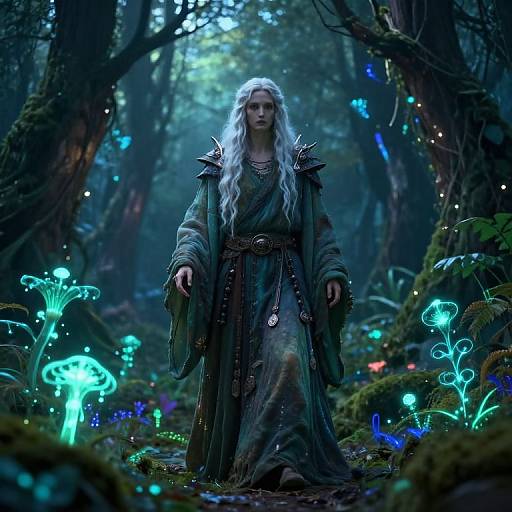 Digital fantasy artwork: A white-haired, pale-skinned sorceress in a green, spiked-shoulder dress stands in a luminous, enchanted