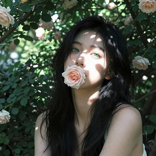 Photograph of an Asian woman with long black hair, holding a pale pink rose to her mouth, surrounded by blooming roses in a sun-dapp
