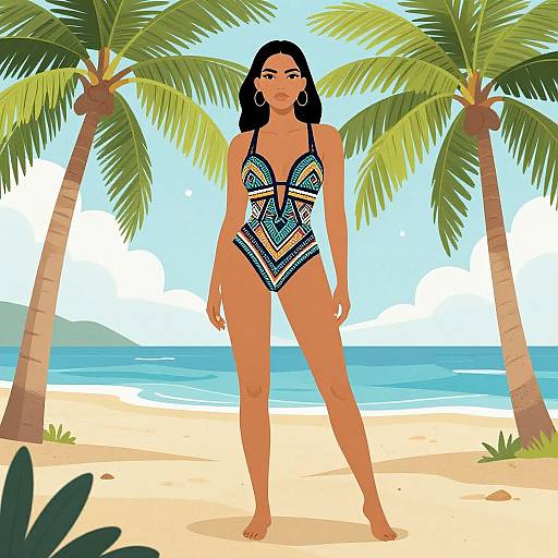 Digital illustration of a tan-skinned woman with long black hair, wearing a geometric-patterned one-piece swimsuit, standing on a tropical beach with palm