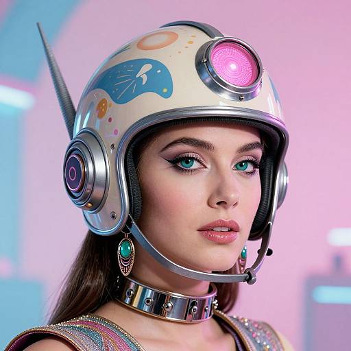 Digital artwork of a fair-skinned woman with blue eyes, wearing a futuristic, retro-styled helmet with glowing lights, teal earrings, and a metallic