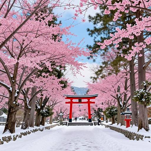 Winter Sakura with Torii Gate