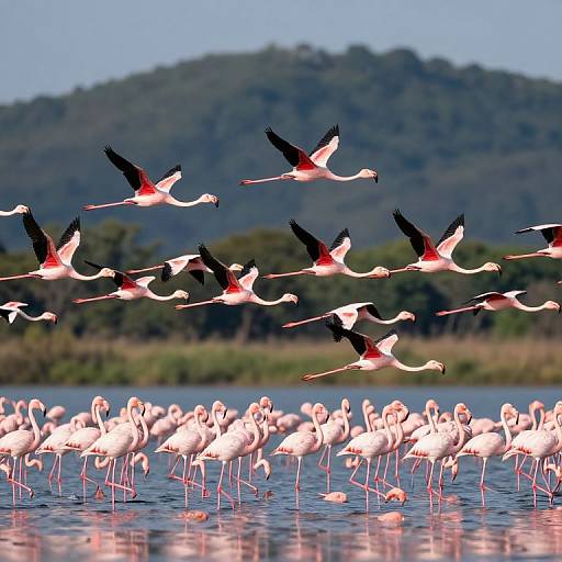Photograph of pink flamingos with black-tipped wings flying over a large flock standing in a reflective water body, with a green forested hill in