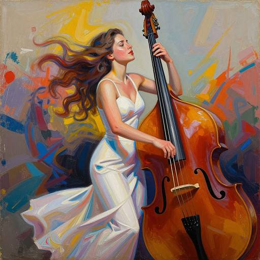 Digital painting of a long-haired woman in a flowing white dress playing a large, wooden cello with vibrant, abstract background.