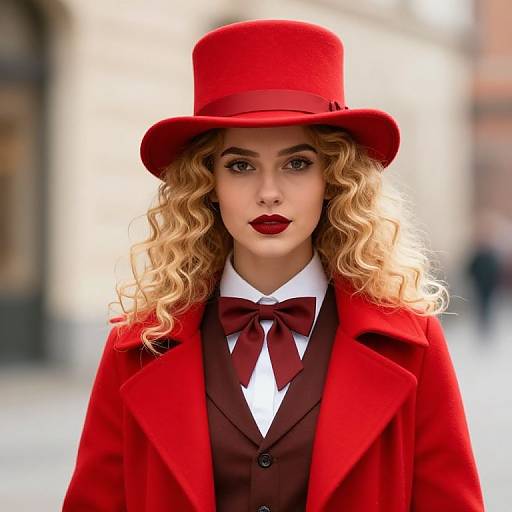 Curly Blonde Girl in Red Attire