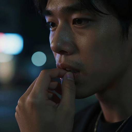 Close-up photograph of a contemplative Asian man with wet hair, dim blue lighting, and blurred bokeh background, touching his lips with his index finger