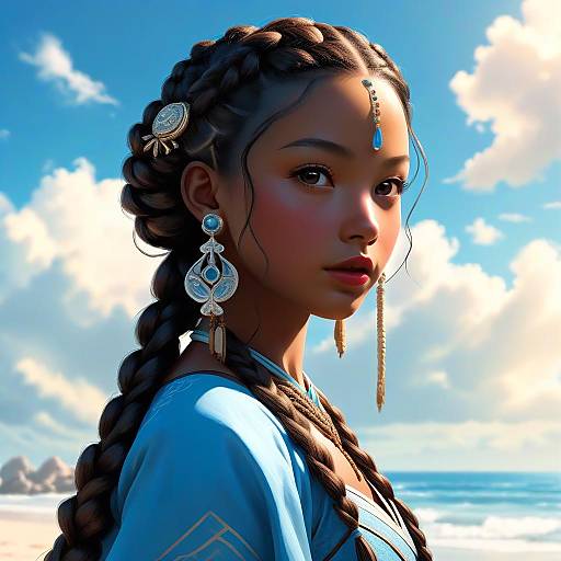Digital art of a beautiful young woman with braided hair, blue jewelry, and a headpiece, standing against a bright sky and ocean.