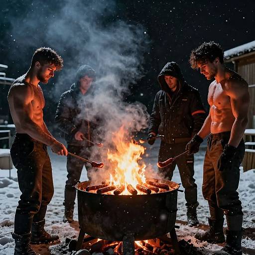 Muscular men grilling sausages on fire in winter night