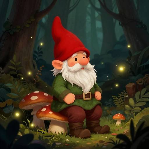 Digital illustration of a cute, chubby gnome with a red hat, green tunic, and brown boots, sitting on a mushroom in a dark, enchanted