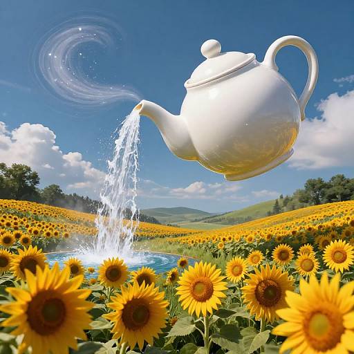 Photograph of a white, floating teapot pouring water over a sunflower field, with a clear blue sky and swirling water droplets.