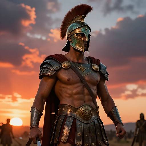 Photograph of muscular, shirtless ancient Greek warrior with bronze helmet and plumed crest, in detailed armor, standing against a vibrant sunset sky.