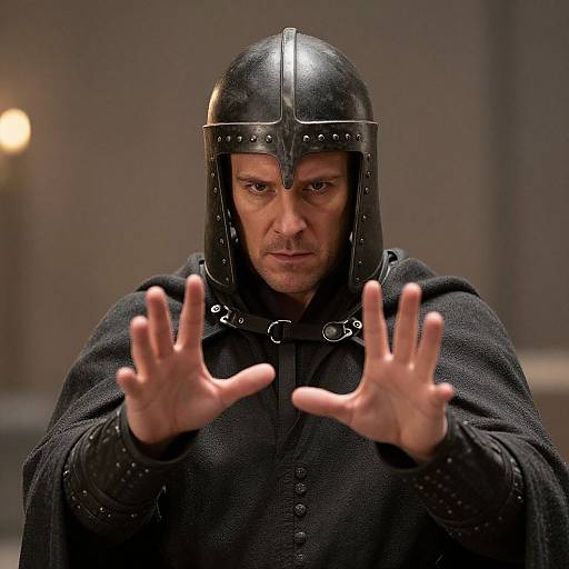 Photograph of a stern-faced man in medieval black armor and helmet, hands raised in a defensive stance, dimly lit background.