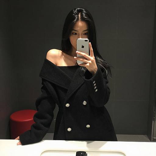 Elegant Mirror Selfie of Woman in Black Coat