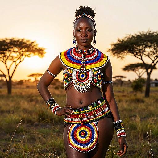 Photograph of a dark-skinned African woman in vibrant, beaded traditional attire, standing in an African savannah at sunset.