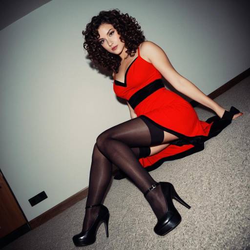 Woman in Red Dress and Black Stockings Sitting on Floor