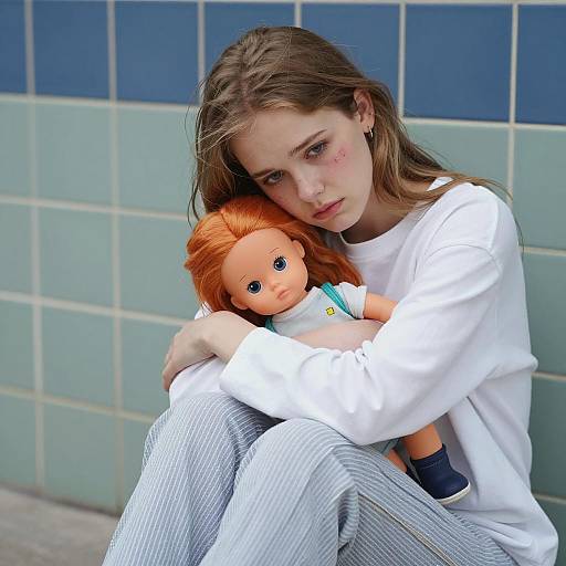 Sad young woman hugging doll