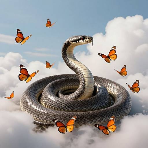 Photorealistic digital image of a coiled, silver-gray snake with shiny scales amidst fluffy white clouds, surrounded by floating orange and black butterflies under a