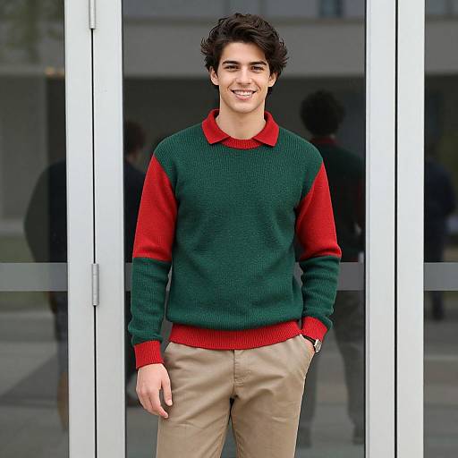 Photograph of a smiling young man with dark hair, wearing a green and red sweater with beige pants, standing in front of glass doors.