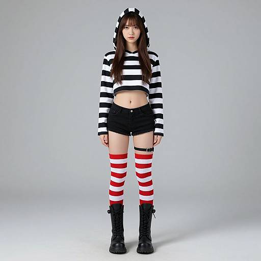 Photograph of a young woman with long brown hair, wearing a black and white striped crop top, black shorts, red and white striped thigh-high socks