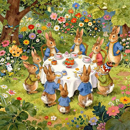 Illustration of seven anthropomorphic rabbits in blue shirts dining around a white table in a vibrant, colorful garden filled with flowers.