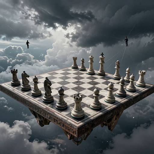 Digital artwork of a floating chessboard with large white and black pieces, suspended in a cloudy sky. Two miniature figures stand on opposite corners. Dramatic