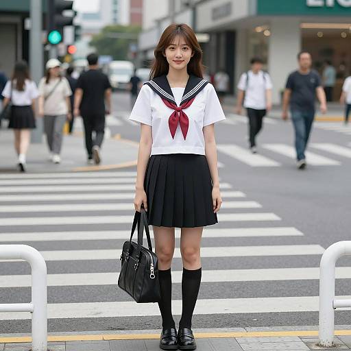 Asian Woman in Sailor Uniform Standing on Crosswalk