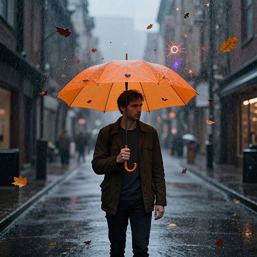 Photograph of a young man with short brown hair, in a dark jacket and gray shirt, holding an orange umbrella in a rainy city street, surrounded
