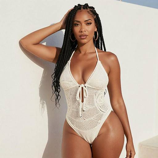 Sunlit Beauty in White Crochet Swimsuit
