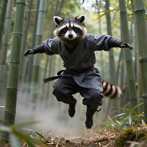 Raccoon Ninja Leaping in Bamboo