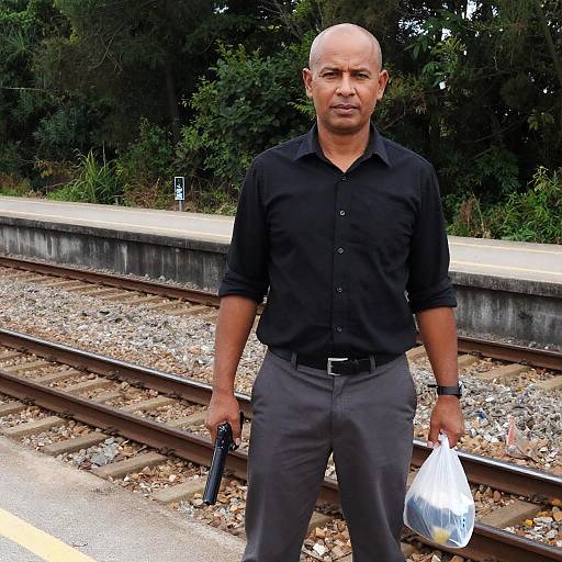 Man Holding Gun and Plastic Bag Near Train Tracks