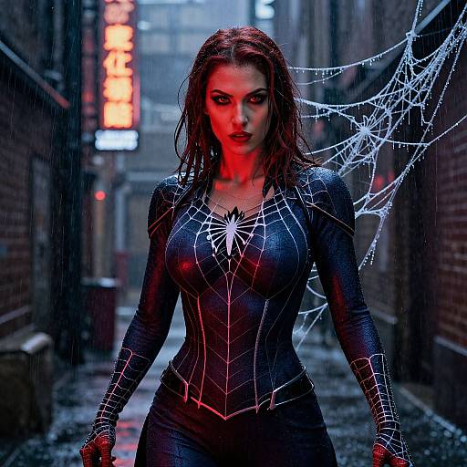Photograph of a red-haired woman in a black, spider-web-patterned bodysuit with a spider emblem, standing confidently in a rainy, narrow