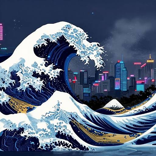 Digital artwork of a massive, white-capped wave crashing against a neon-lit, futuristic city skyline with skyscrapers and colorful lights.