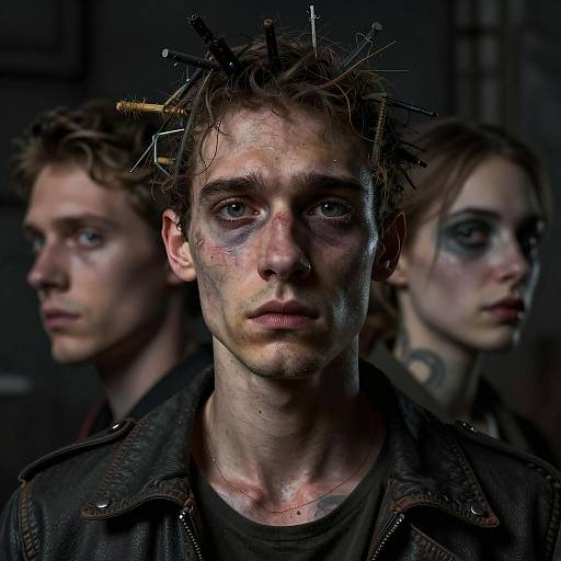 Sad Young Man with Nails in Hair in Dark Setting