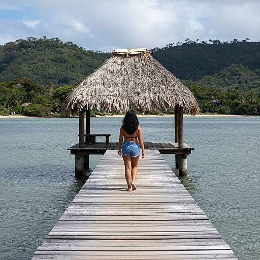 Photograph of a woman with long black hair in a blue bikini, walking on a wooden pier towards a thatched-roof hut, overlooking a calm