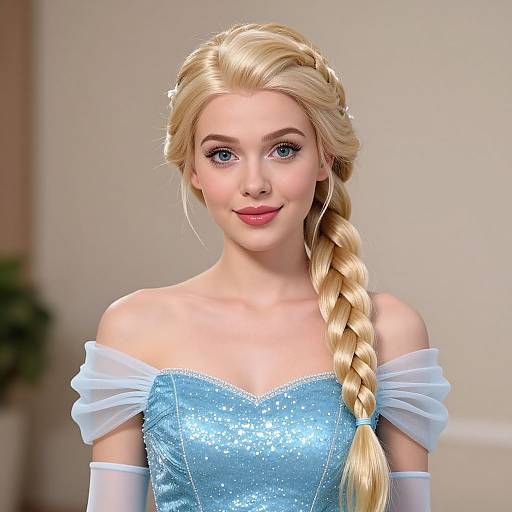 Digital CGI of a blonde woman with blue eyes, wearing a blue sparkling off-shoulder dress, white puffed sleeves, and a long braided