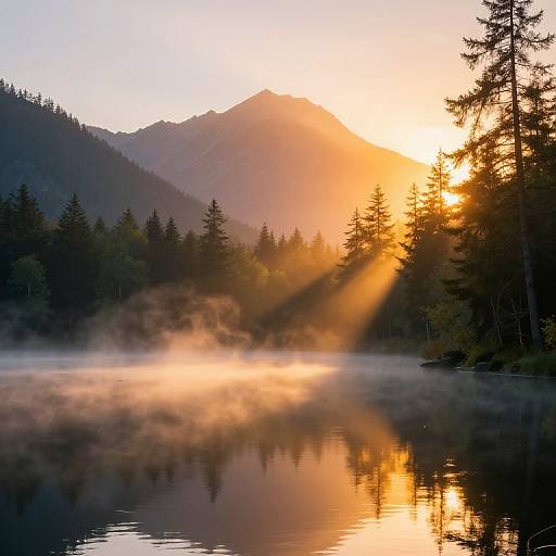 Photograph of a serene sunrise over a misty forest lake, with golden sunlight piercing through tall pine trees, reflecting in the calm water and illuminating