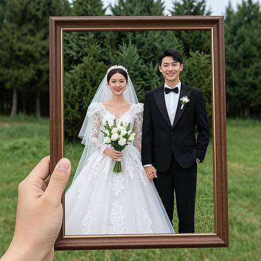 Photograph of an Asian bride in a white lace dress and veil, holding a bouquet, and groom in a black tuxedo, smiling, framed
