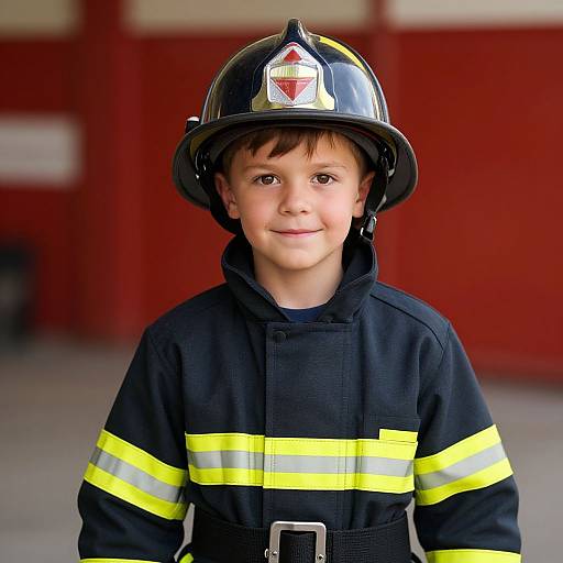 Photograph of a young boy with light skin, brown hair, wearing a black firefighter helmet and uniform with yellow reflective stripes, smiling against a red brick