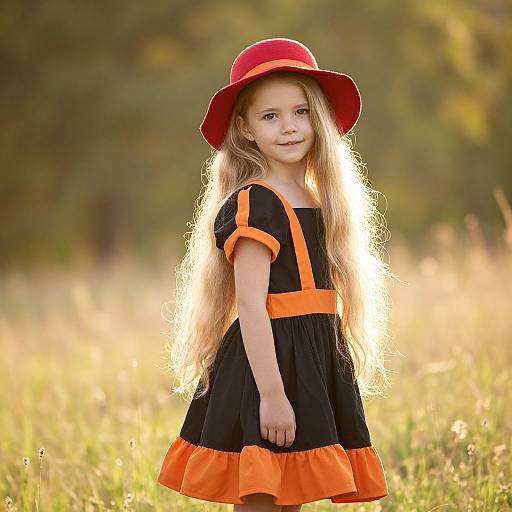 Photograph of a young girl with long blonde hair, wearing a red hat and black dress with orange trim, standing in a sunlit, grassy