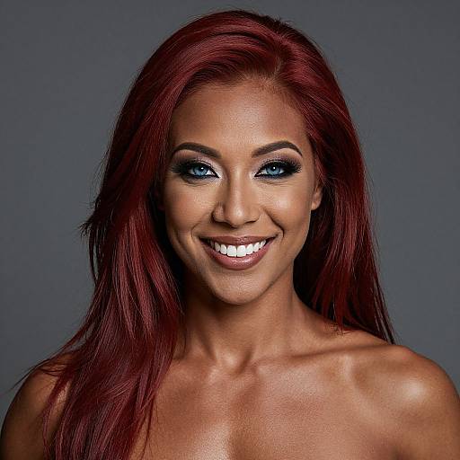 Photograph of a smiling woman with long red hair, blue eyes, and tanned skin, against a plain gray background. She has full lips,