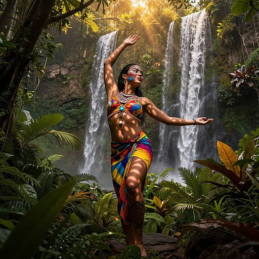Photograph of a smiling, dark-skinned woman in colorful traditional attire, dancing in front of a cascading waterfall surrounded by lush greenery. Sun
